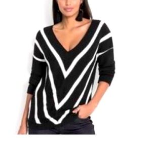 VENUS Womens Sweater Small Ribbed Knit Black White Deep VNeck Long Sleeve Winter